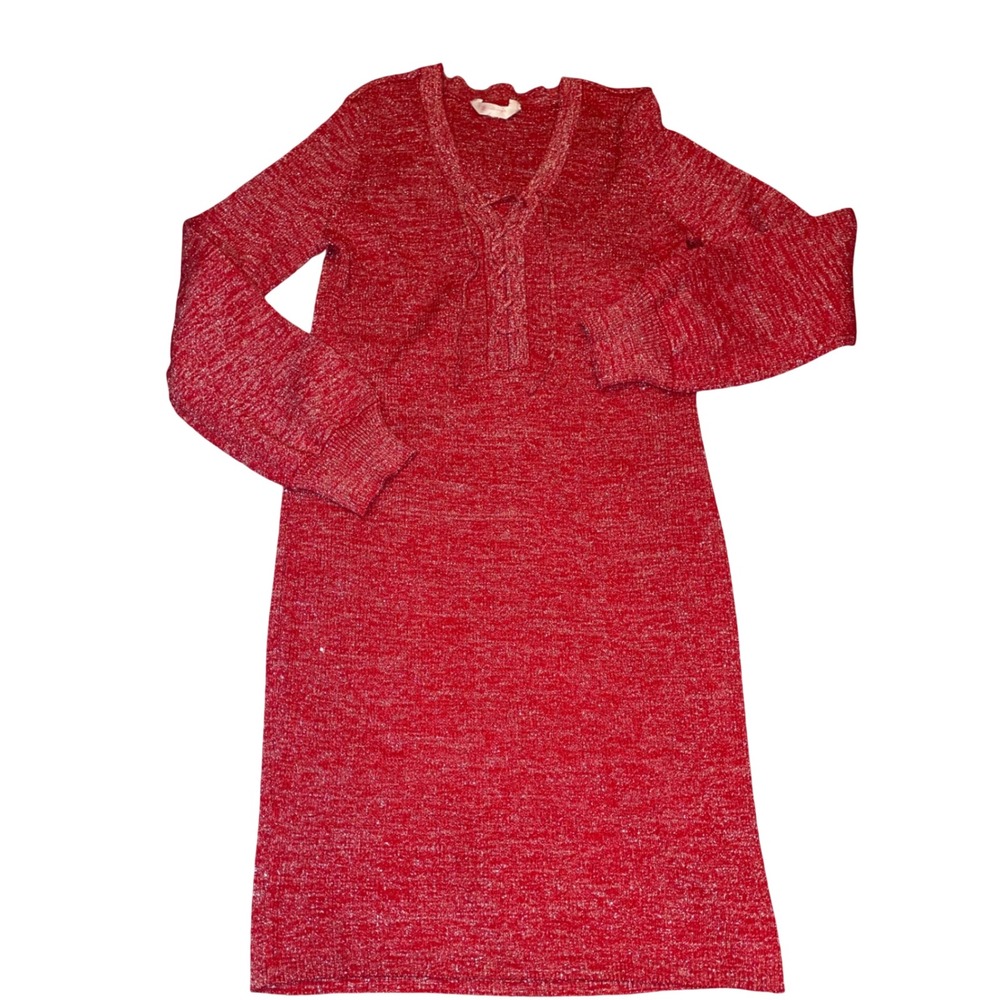 Red Metallic Disco Retro Mini Sweater Dress Cocktail Shimmer Holiday Party Small